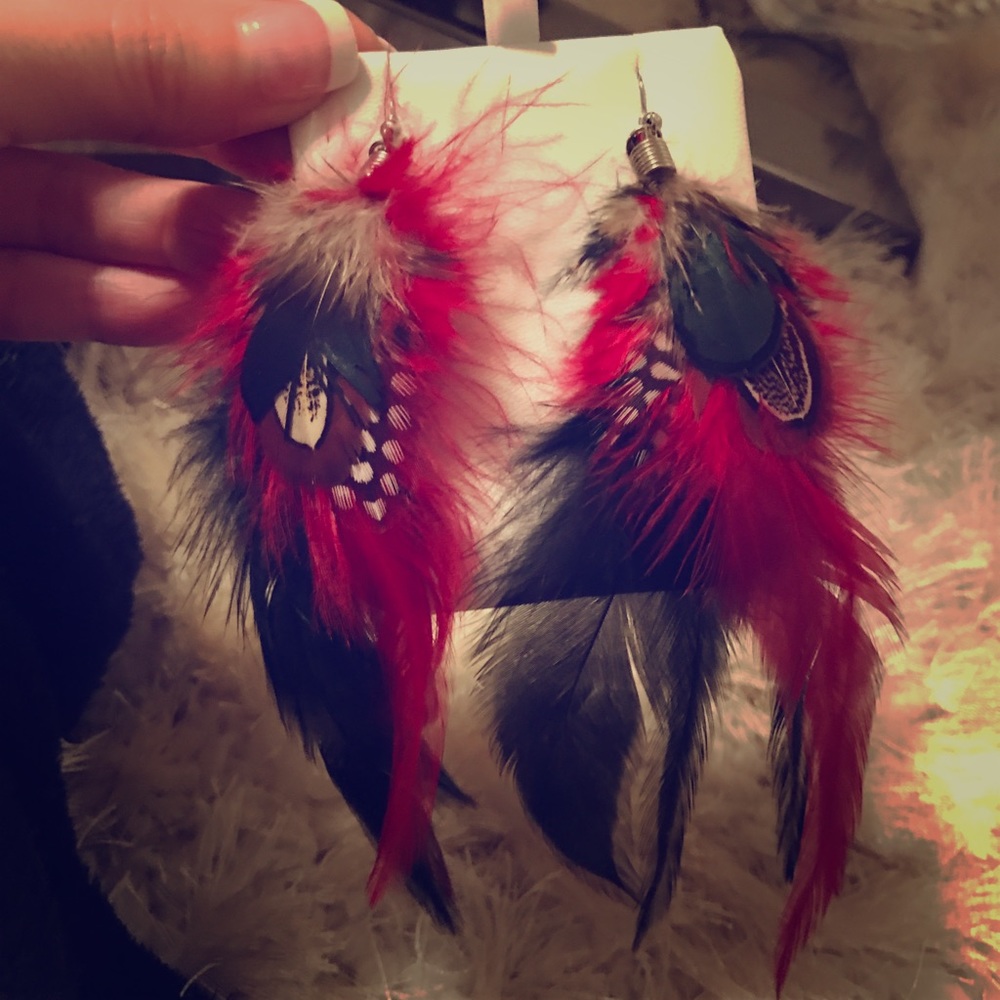 Red and black feather earrings
